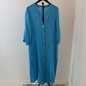 Zara Linen Turquoise Button-Up Dress Size Small but oversized